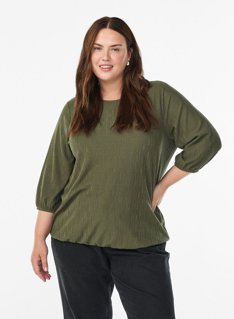 Blouse with texture and 3/4 sleeves, Green, Model image number 0