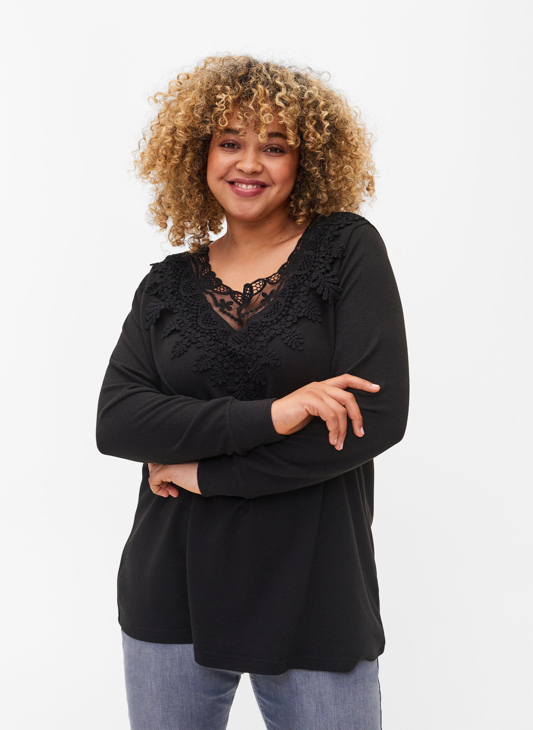 Zizzifashion Long-sleeved blouse with lace details, Black, Model image number 0