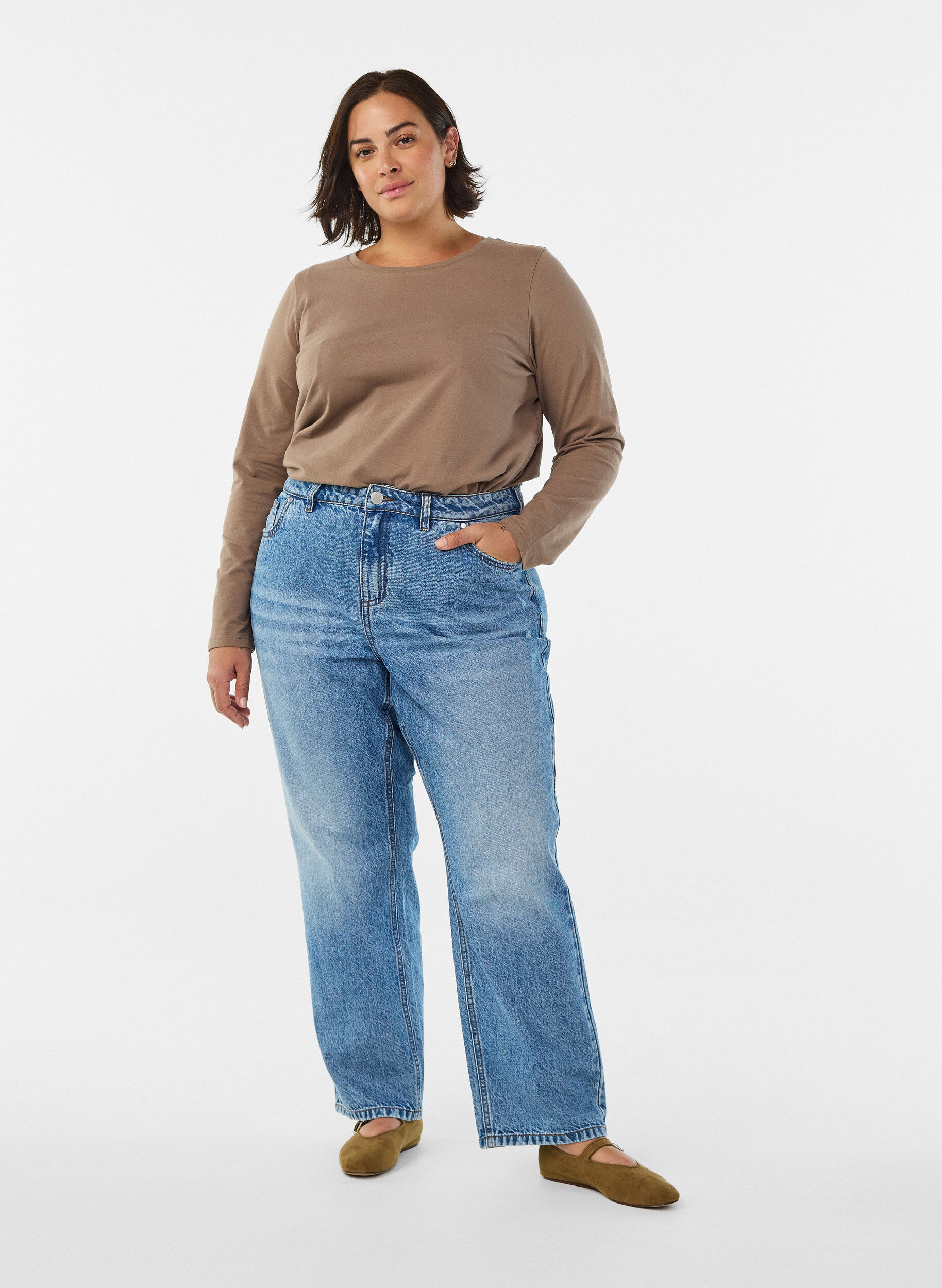ZizzifashionBasic jersey blouse with long sleeves, Brown, Model image number 1