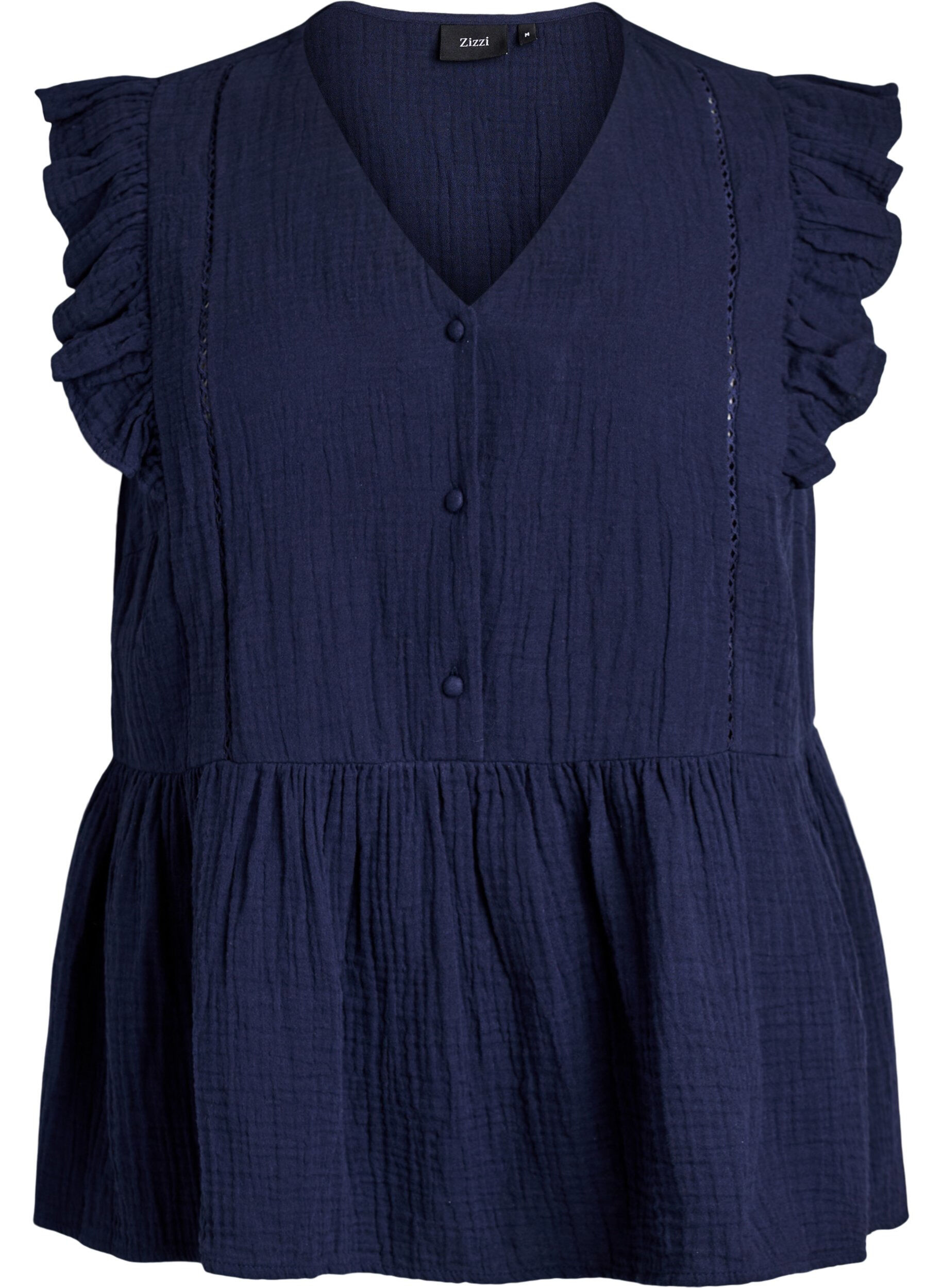 Sleeveless cotton muslin blouse with ruffles
