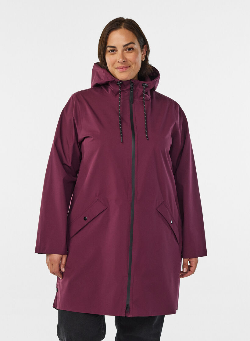 Rain jacket with pockets and hood, Dark Bordeaux, Model image number 0