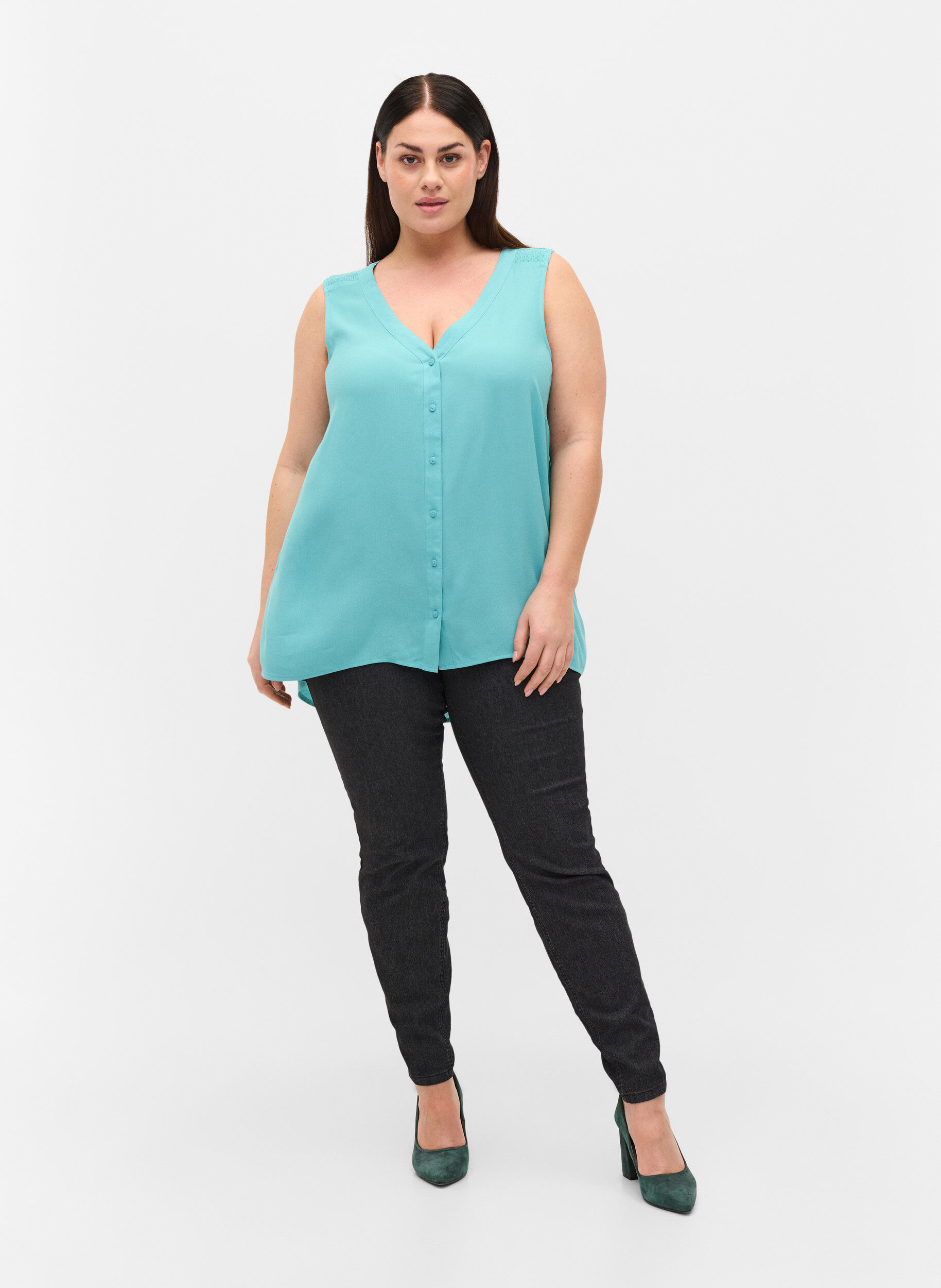 Zizzifashion Viscose top with buttons, Aqua Sea, Model image number 2