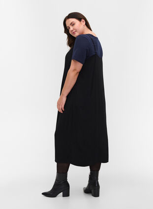 Viscose midi dress with thin straps, Black, Model image number 1