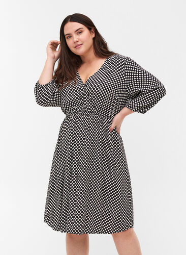 Polka dot viscose dress with 3/4 sleeves, Black w. White Dot, Model image number 0