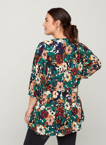 Floral viscose blouse with 3/4 length sleeves, Multi Flower AOP, Model image number 1
