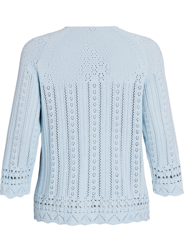 Knitted top with eyelet embroidery and 3/4 sleeves, Light Blue, Packshot image number 1