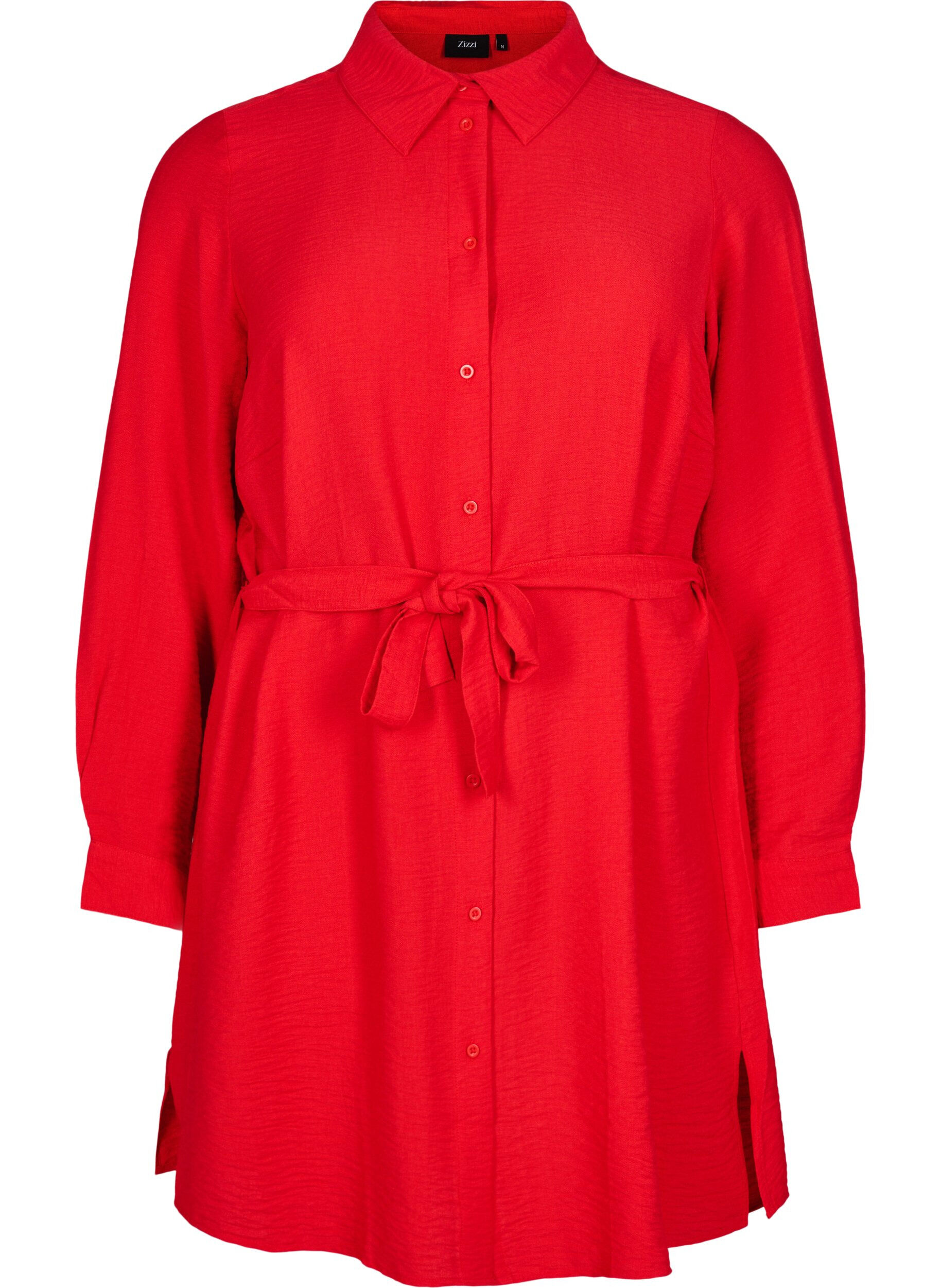 Zizzifashion Shirt dress with tie belt and long sleeves, Red, Packshot image number 0