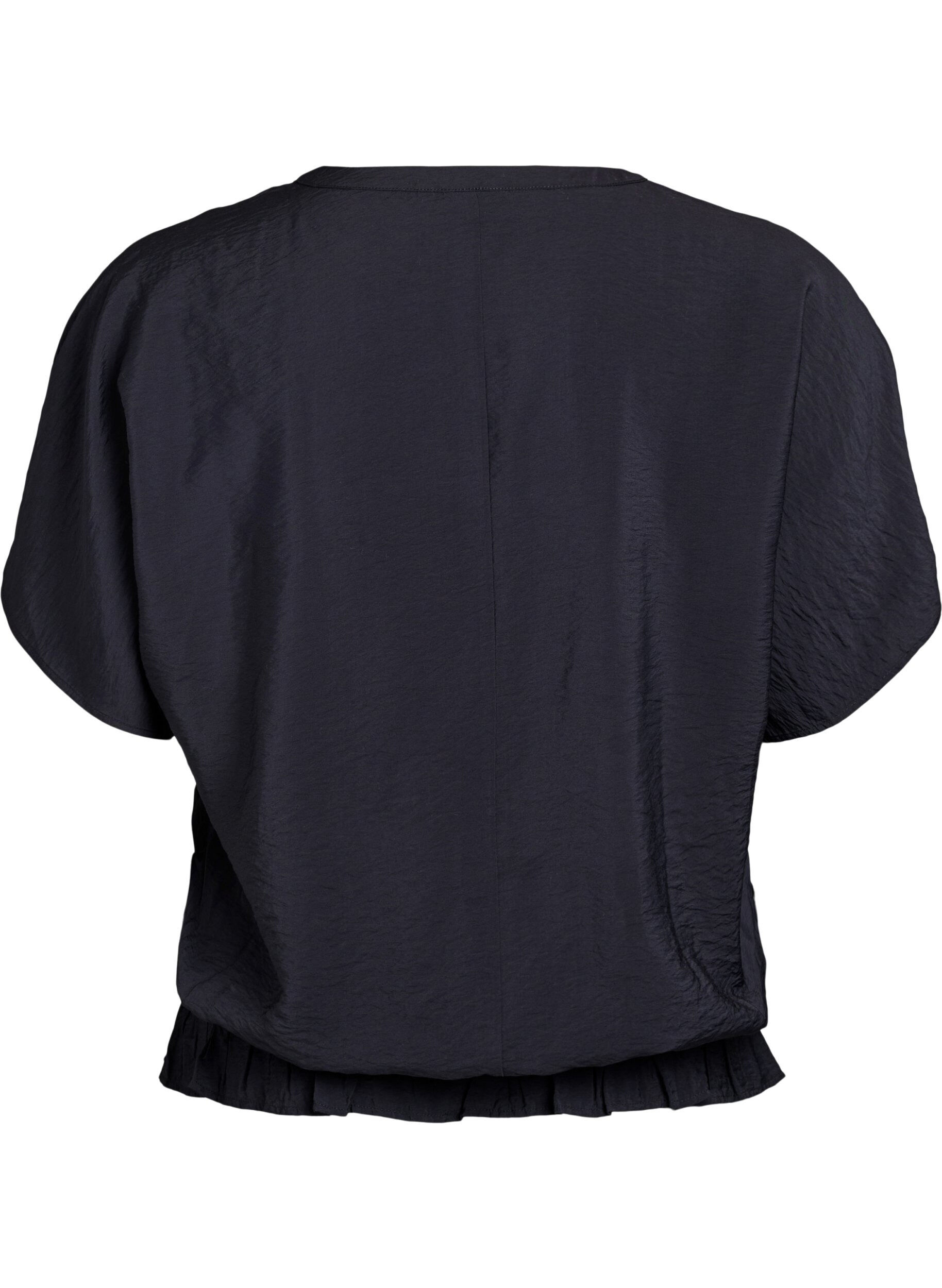 Zizzifashion Blouse with short sleeves and a ruffled hem, Black, Packshot image number 1