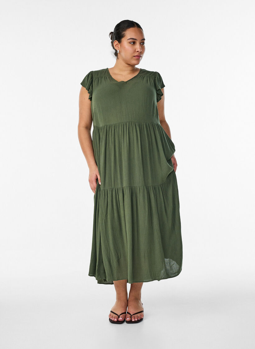 Midi dress in viscose with ruffle sleeves, Green, Model image number 1