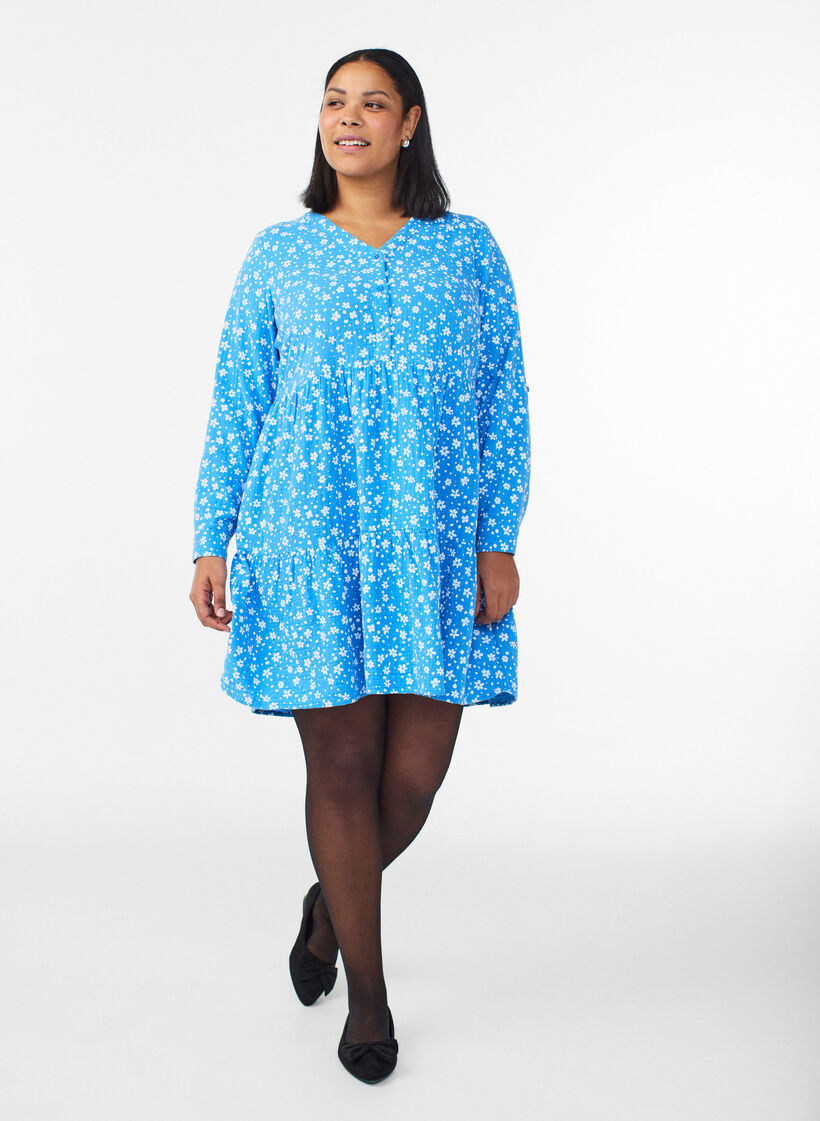 Short dress in patterned cotton muslin, Blue, Model image number 1