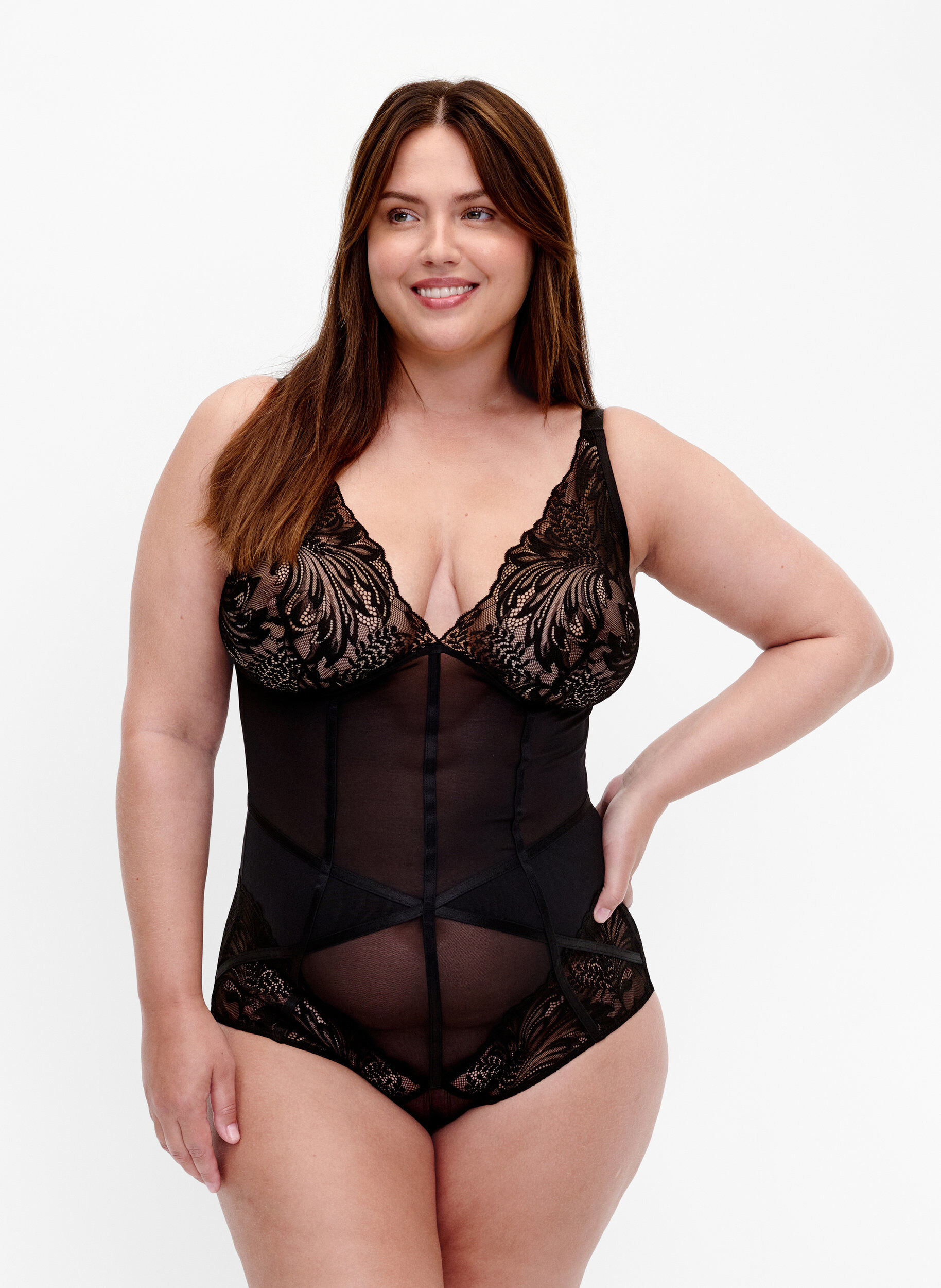 Zizzifashion Bodystocking with mesh and lace, Black, Model image number 0