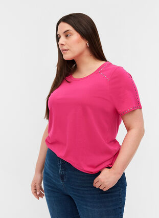 Short-sleeved cotton t-shirt with studs, Fuchsia Purple, Model image number 0