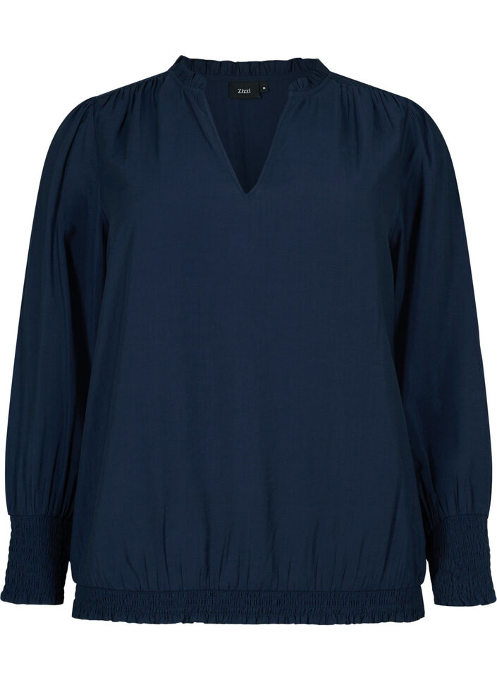 Viscose blouse with long sleeves and smock, Navy Blazer, Packshot image number 0
