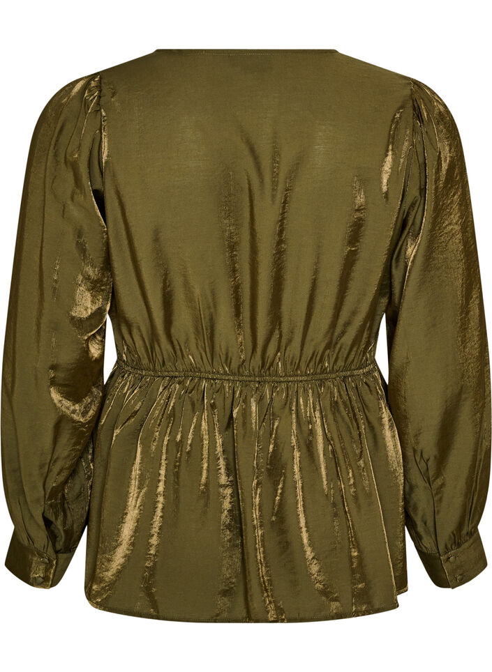 Shiny viscose blouse with peplum effect, Green, Packshot image number 1
