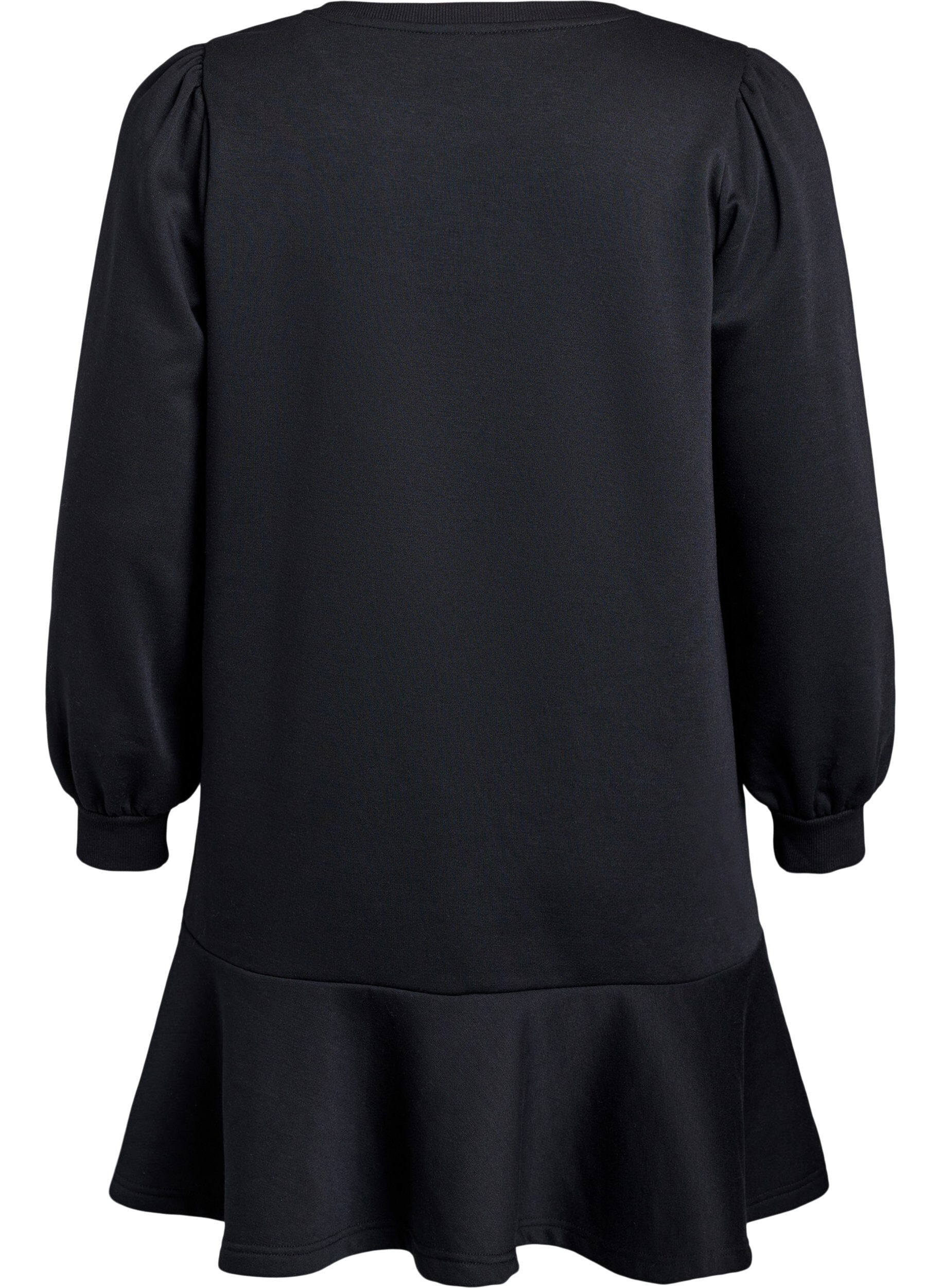 Zizzifashion Short sweat dress with ruffle detail, Black, Packshot image number 1