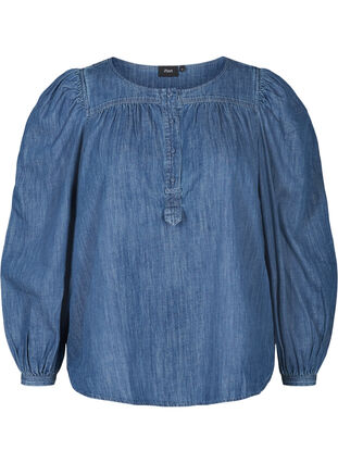Denim blouse with long puff sleeves, Blue denim, Packshot image number 0
