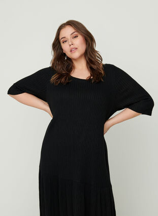 Ribbed dress with 1/2 length sleeves, Black, Model image number 0