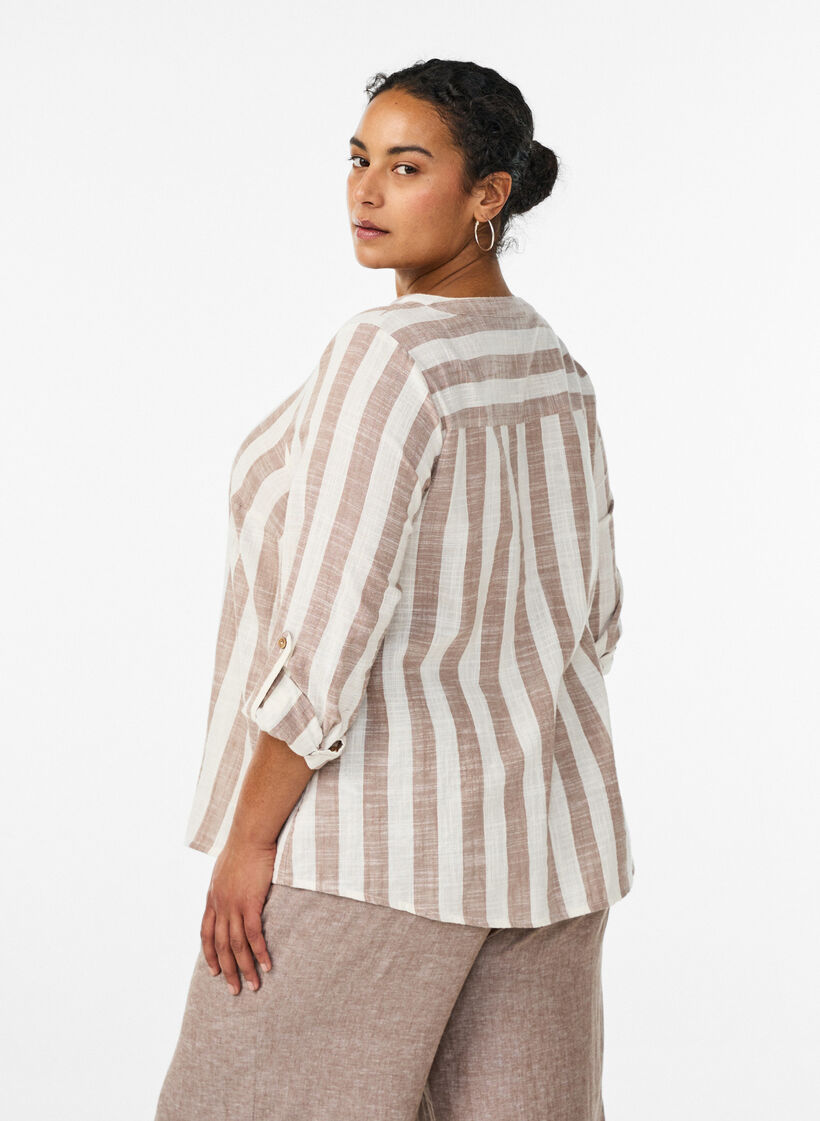 Cotton shirt blouse with V-neck, Beige, Model image number 2