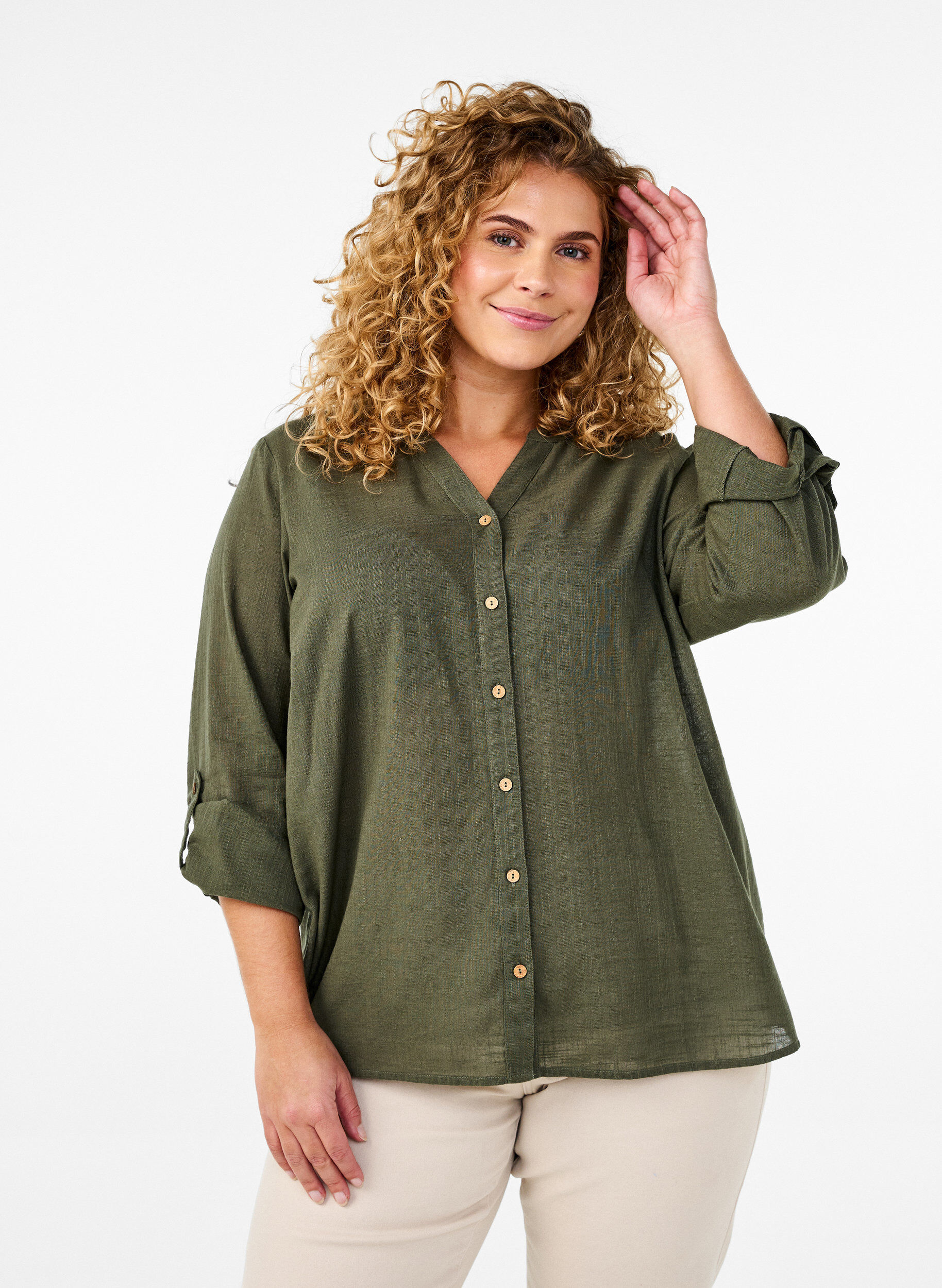 ZizzifashionCotton shirt blouse with a v-neck, Green, Model image number 0