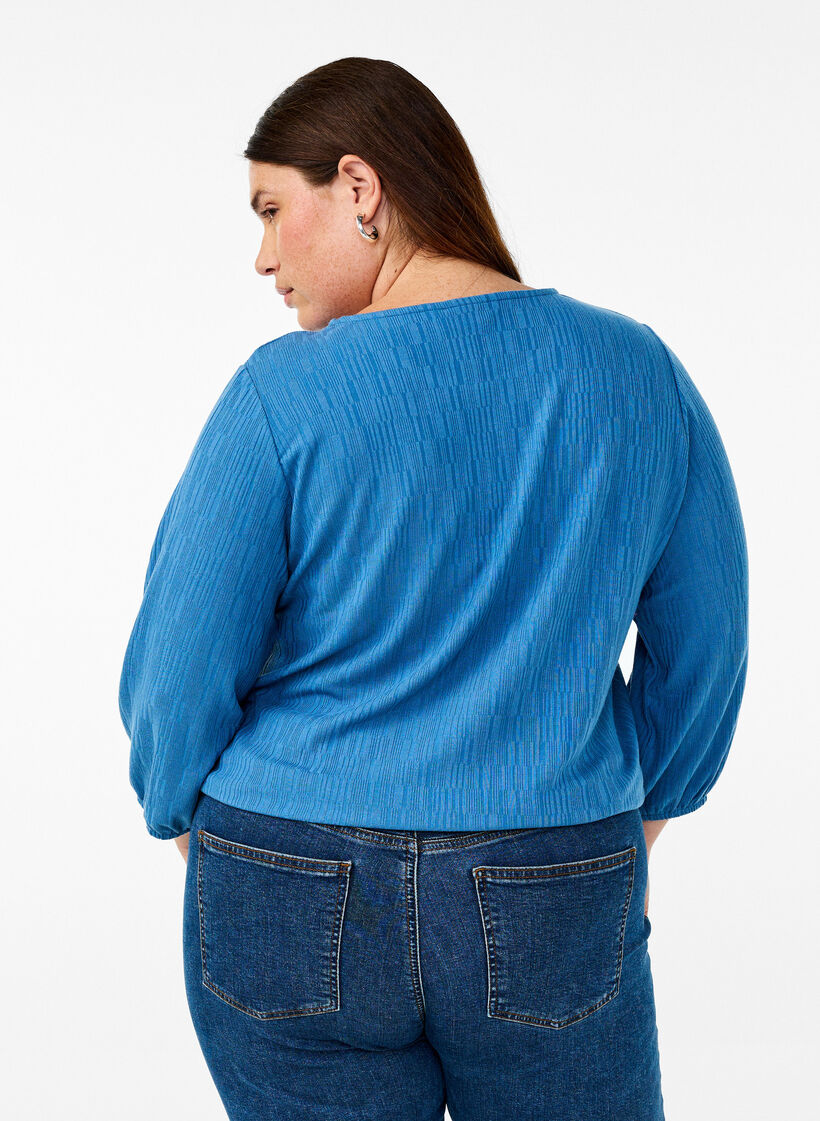 Blouse with texture and 3/4 sleeves, Blue, Model image number 2