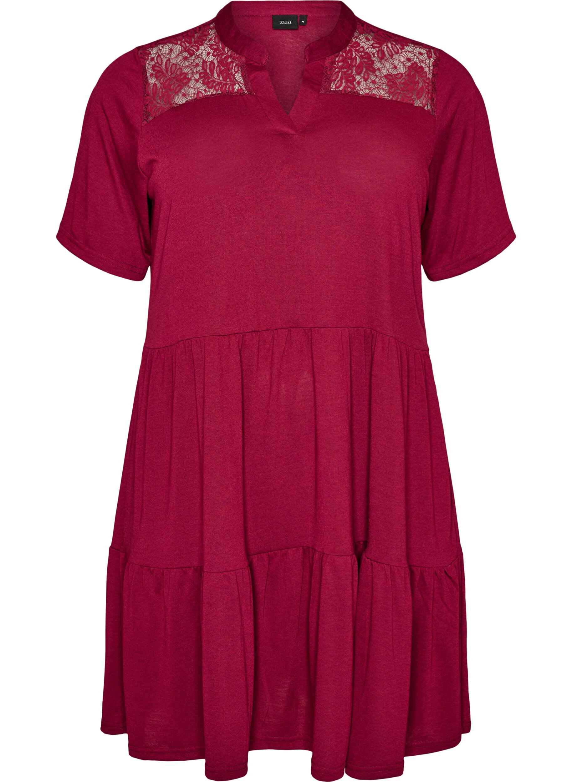 Zizzifashion Jersey dress with lace details and a layered skirt, Red, Packshot image number 0
