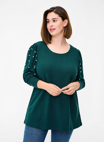 Long sleeve blouse with pearls, Ponderosa Pine, Model image number 0