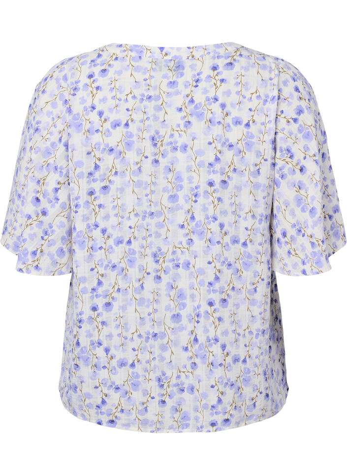 V-neck short sleeve blouse with floral print, White, Packshot image number 1