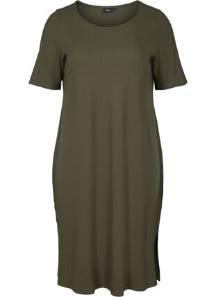 Short-sleeved ribbed dress, Dark Green, Packshot image number 0