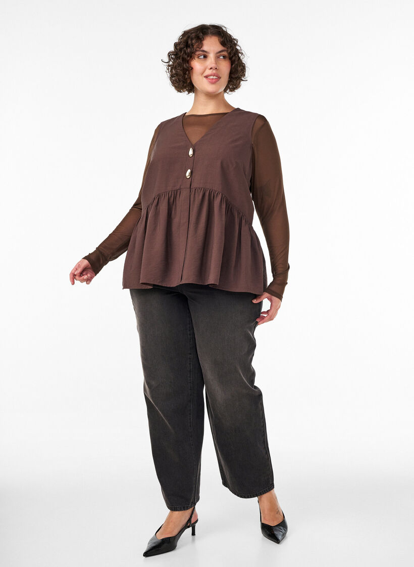 Sleeveless peplum blouse with decorative buttons, Brown, Model image number 1