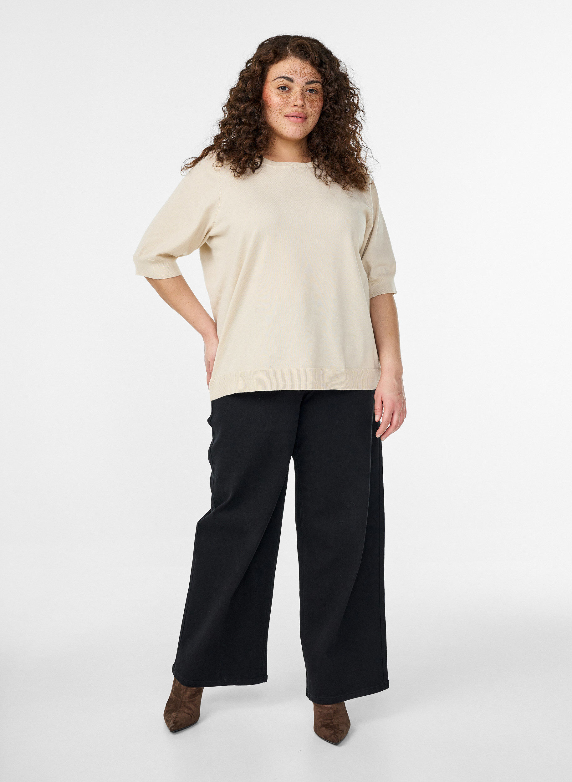 Zizzifashion Fine-knit blouse with short sleeves, Beige, Model image number 1