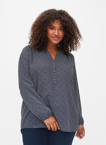 Long-sleeved blouse with print and v-neck, Blue Graphic, Model image number 0