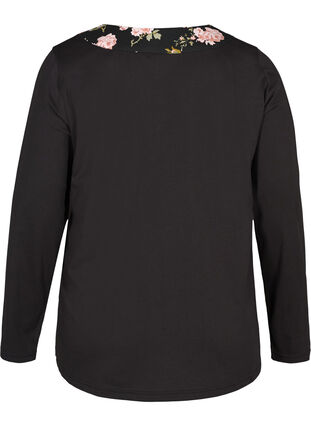 Long-sleeved cotton pyjama top, Black w. Flower, Packshot image number 1