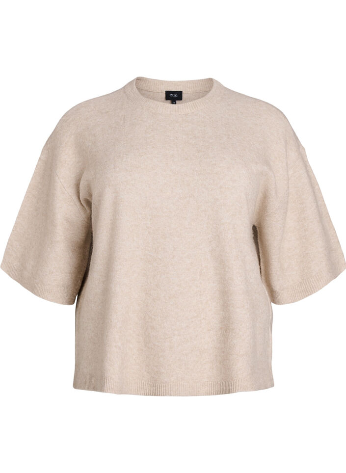 Loose knitted blouse with short sleeves, Beige, Packshot image number 0