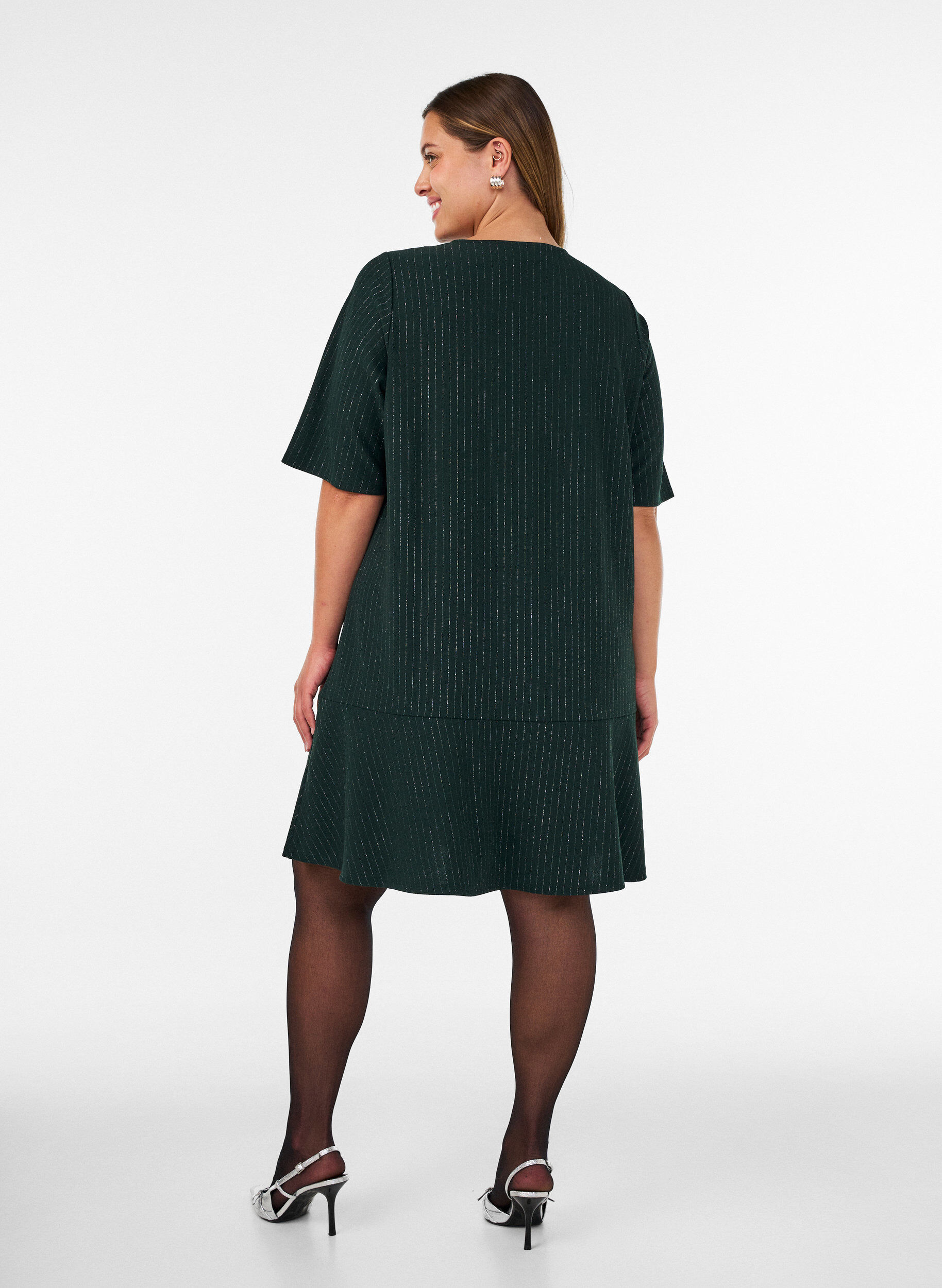 ZizzifashionShort A-line dress with glitter stripes, Green, Model image number 2
