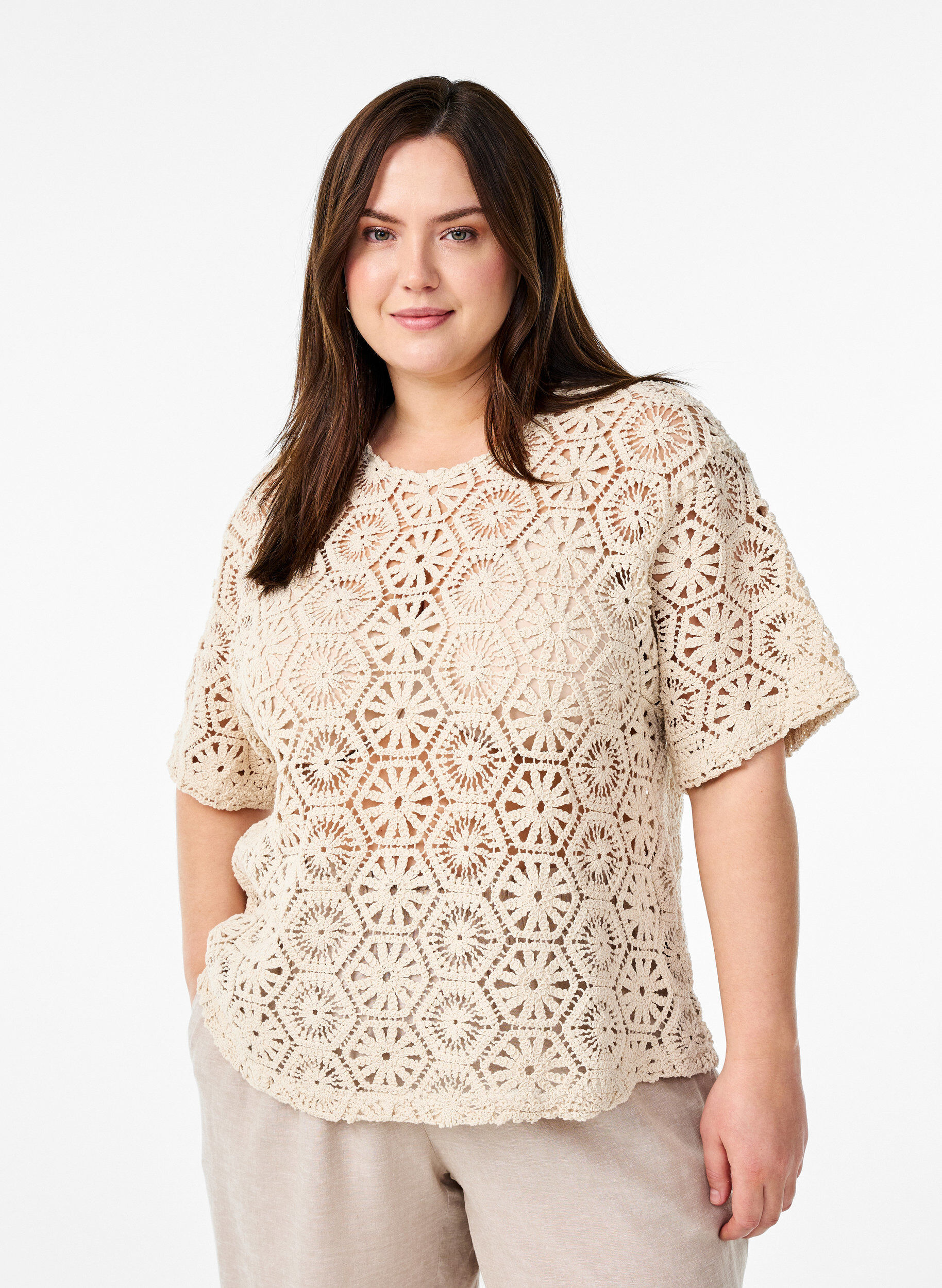 Zizzifashion Crochet blouse with short sleeves, Beige, Model image number 0