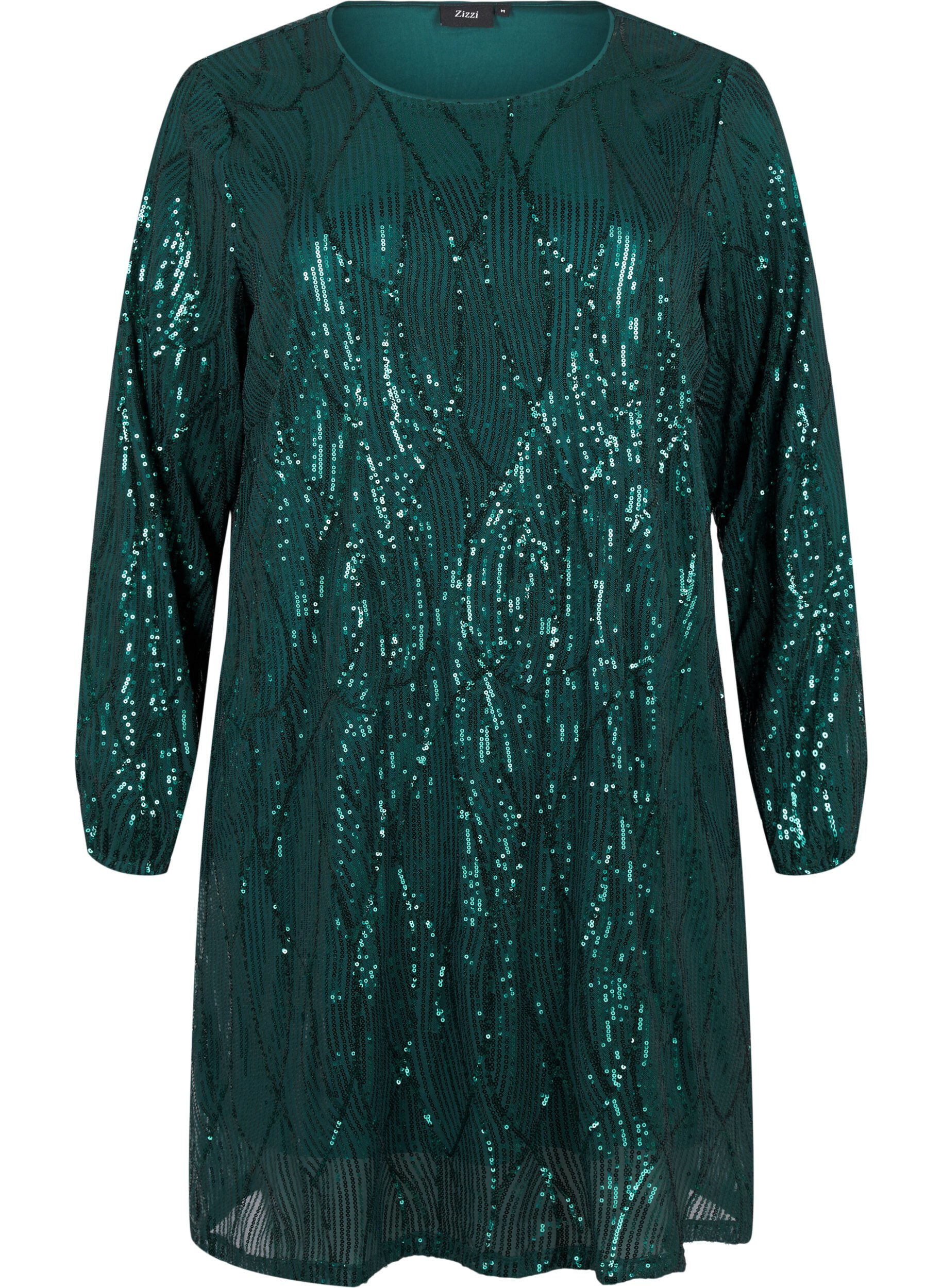 Zizzifashion Long-sleeved sequin dress with pattern, Rain Forest, Packshot image number 0