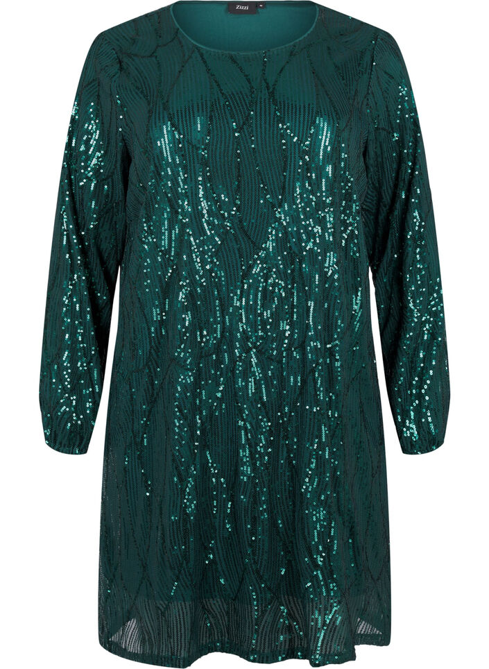 Long-sleeved sequin dress with pattern, Rain Forest, Packshot image number 0