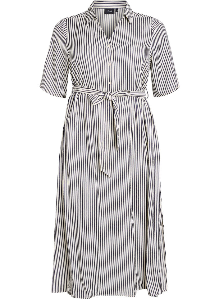 Ankle-length shirt dress with tie belt and stripes, Black, Packshot image number 0