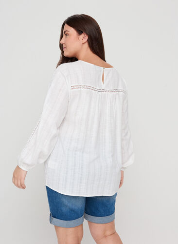 Cotton blouse with long sleeves and embroidery, Bright White, Model image number 1