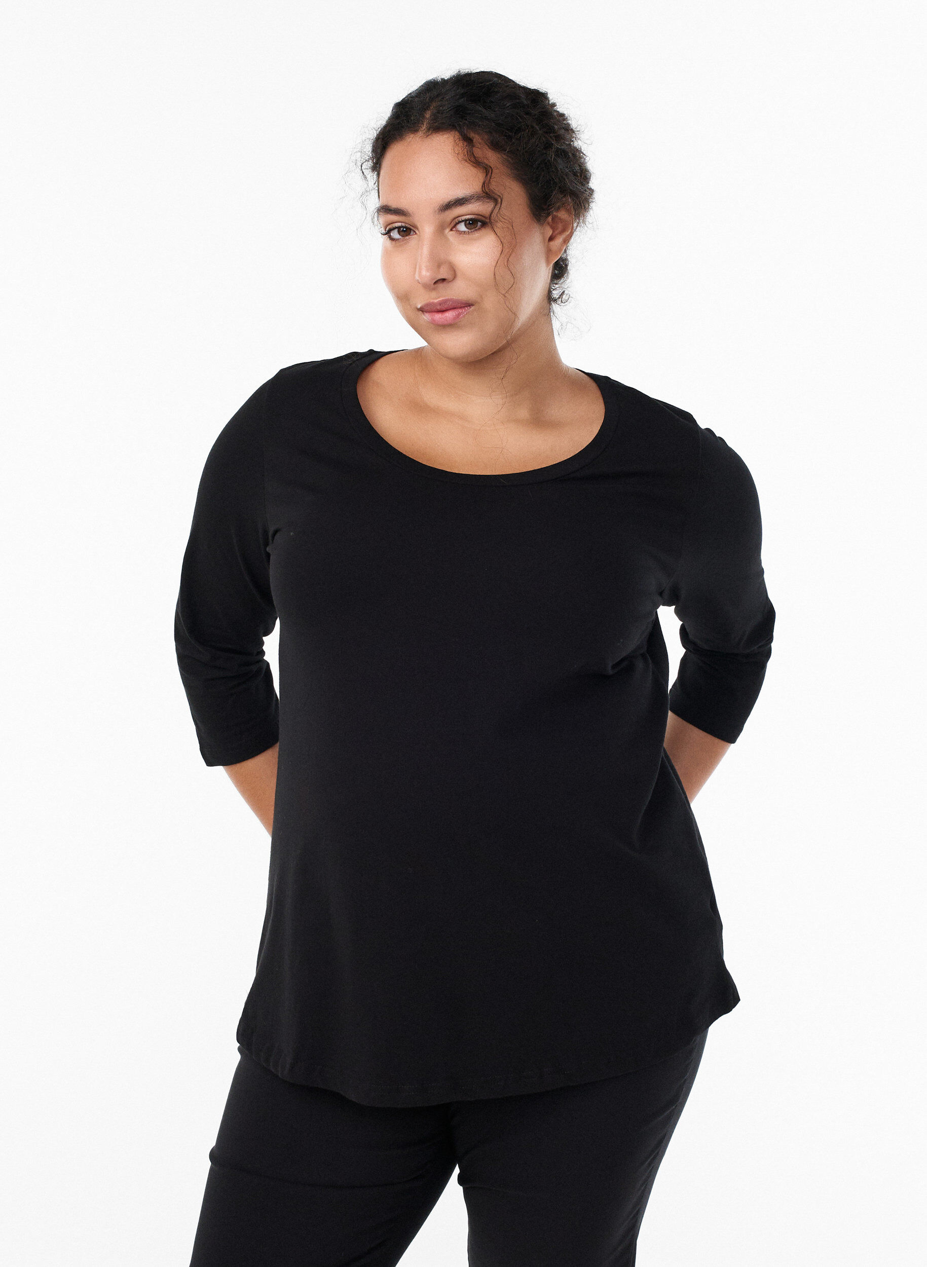 Zizzifashion Basic cotton t-shirt with 3/4 sleeves, Black, Model image number 0