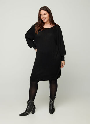 Knitted dress with balloon sleeves and lurex, Black w/ Lurex, Model image number 2