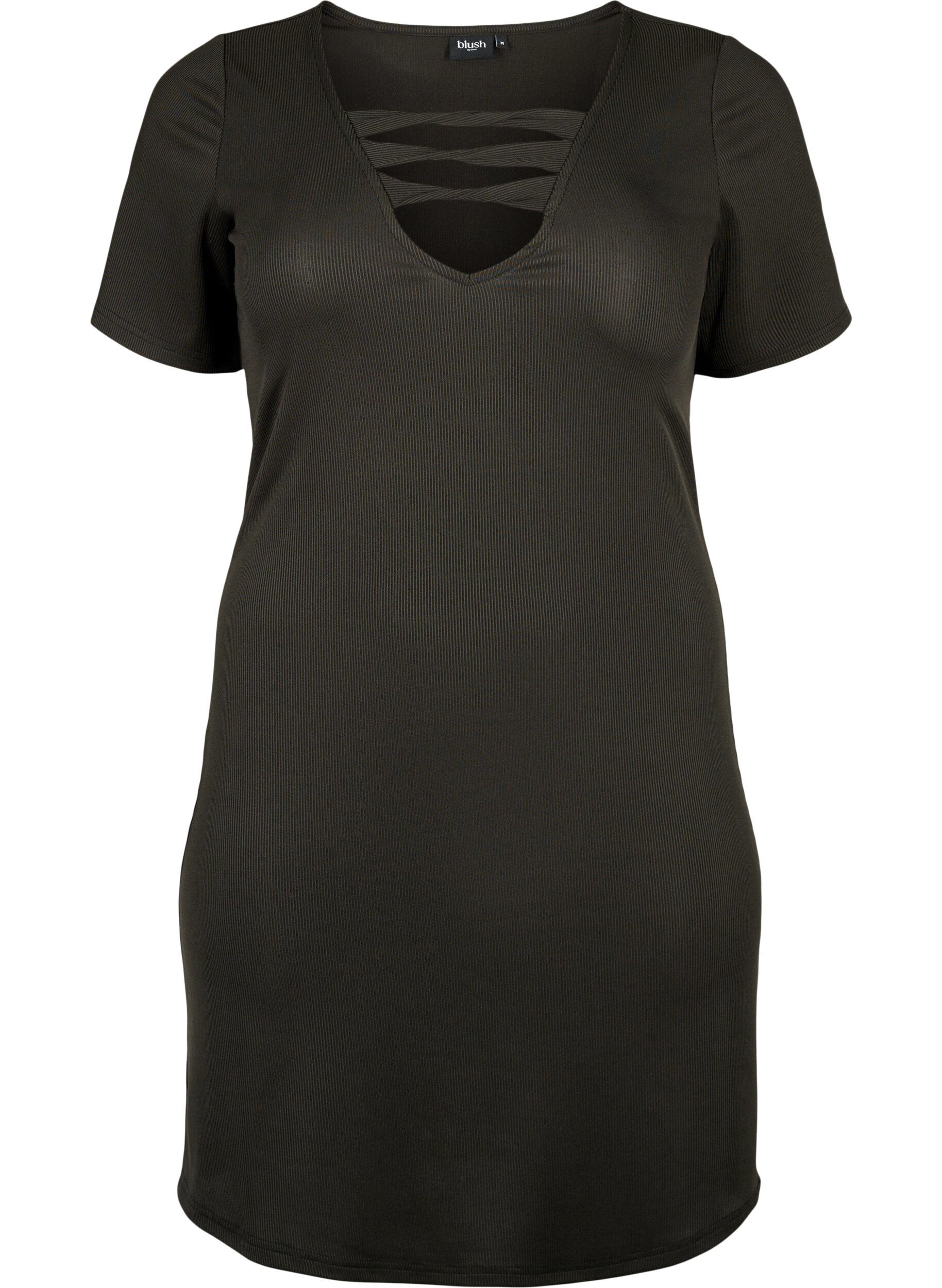 Zizzifashion Tight-fitting dress with V-neck and strap detail, Black, Packshot image number 0