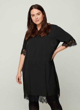Short-sleeved dress with lace details, Black, Model image number 0