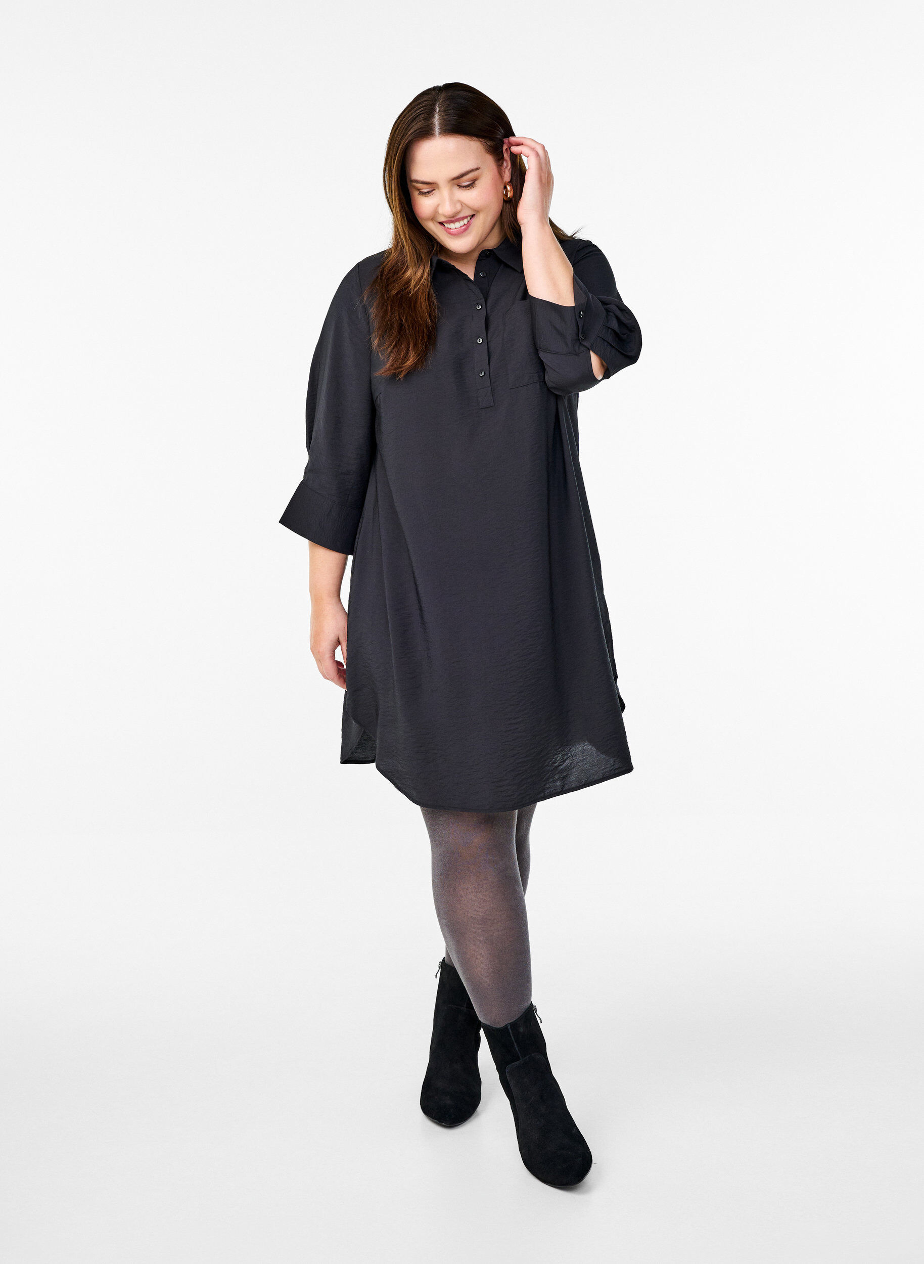 ZizzifashionShort dress with collar and chest pocket, Black, Model image number 1