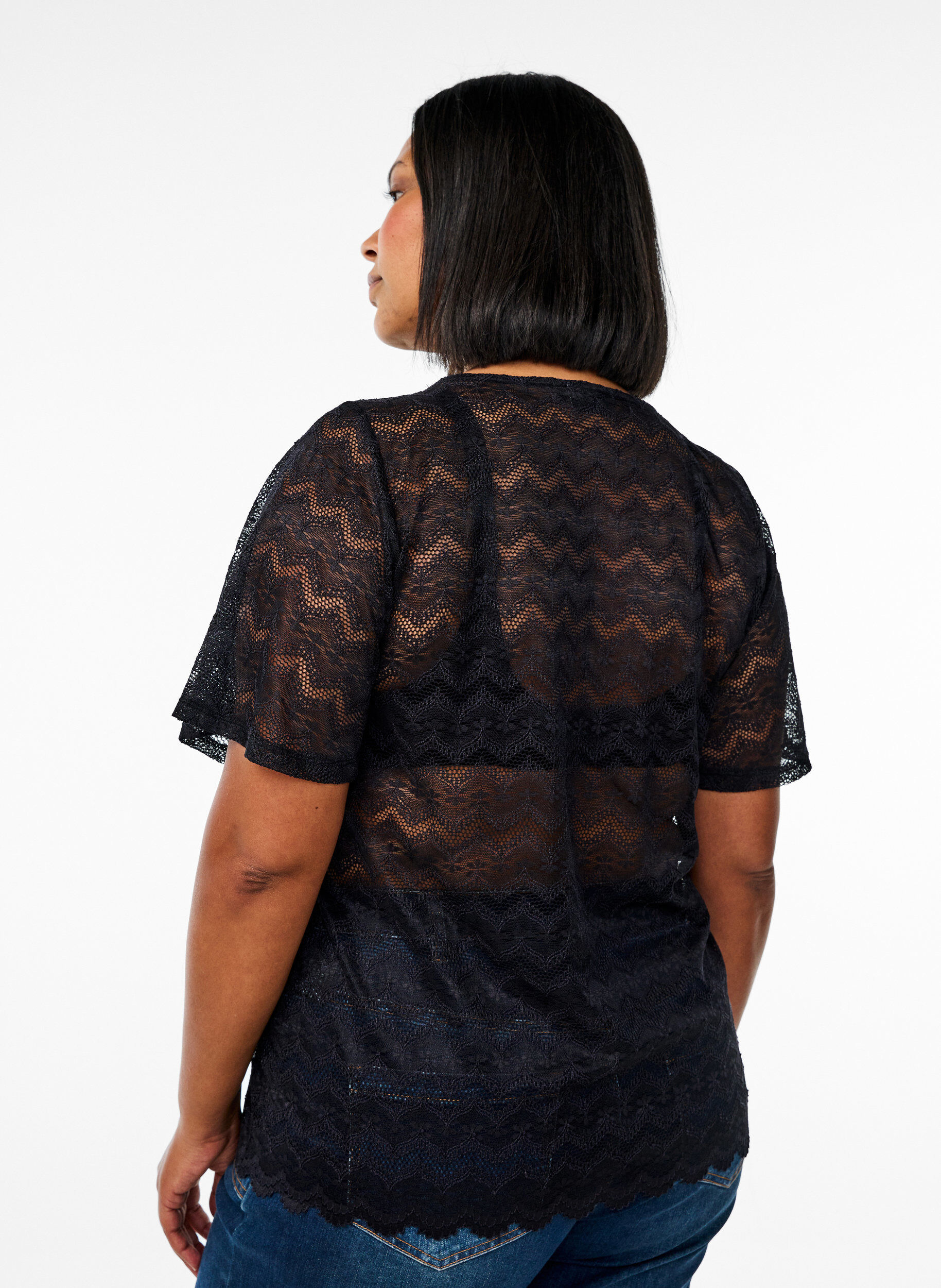 Zizzifashion Lace blouse with short sleeves and scalloped hem, Black, Model image number 2