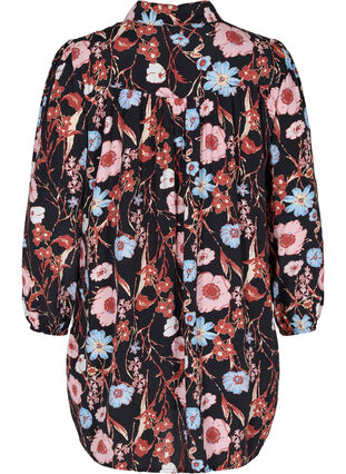 Floral shirt tunic in viscose, Black Flower AOP, Packshot image number 1