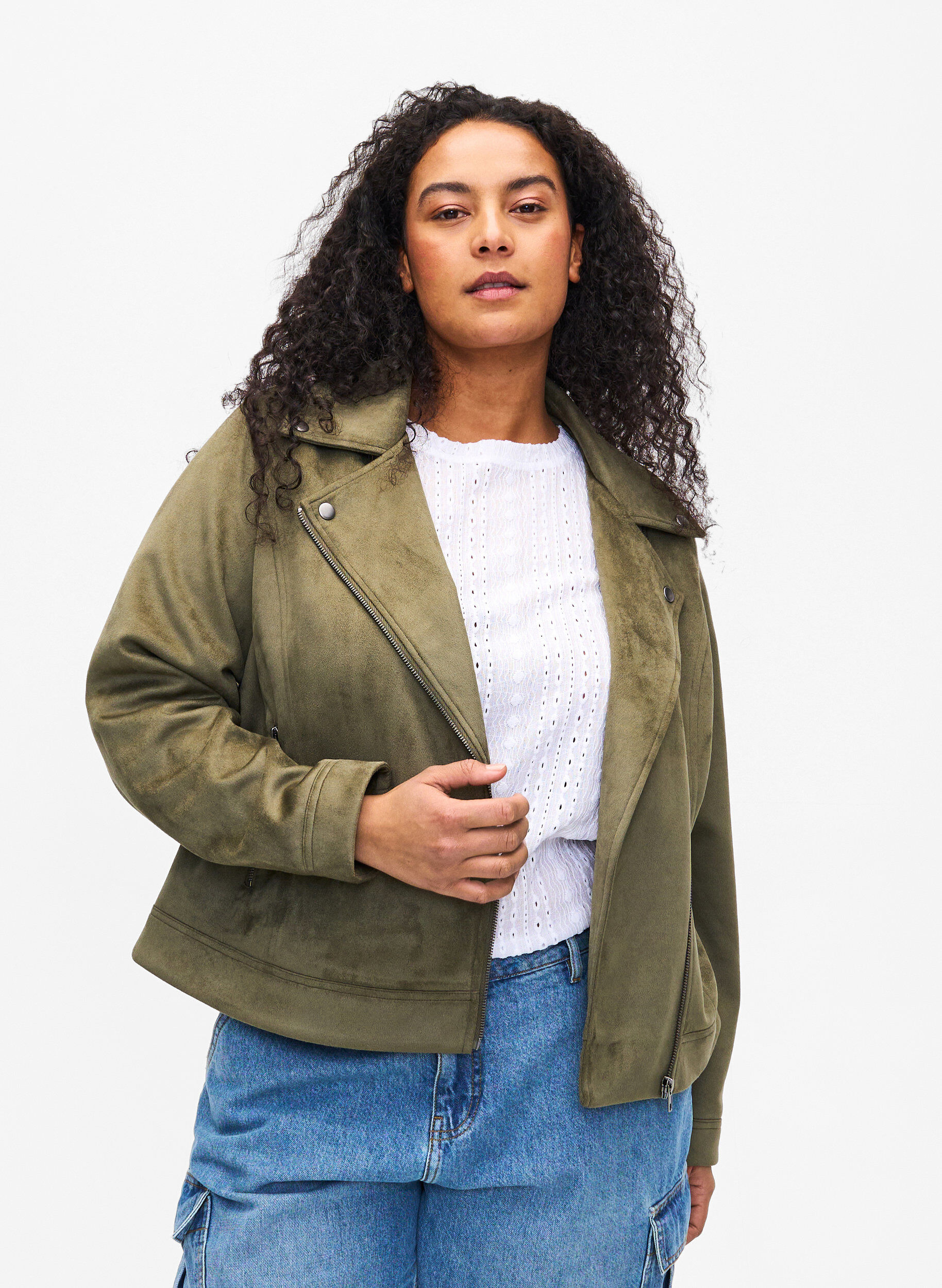 Zizzifashion Biker jacket in faux suede, Dusty Olive, Model image number 0