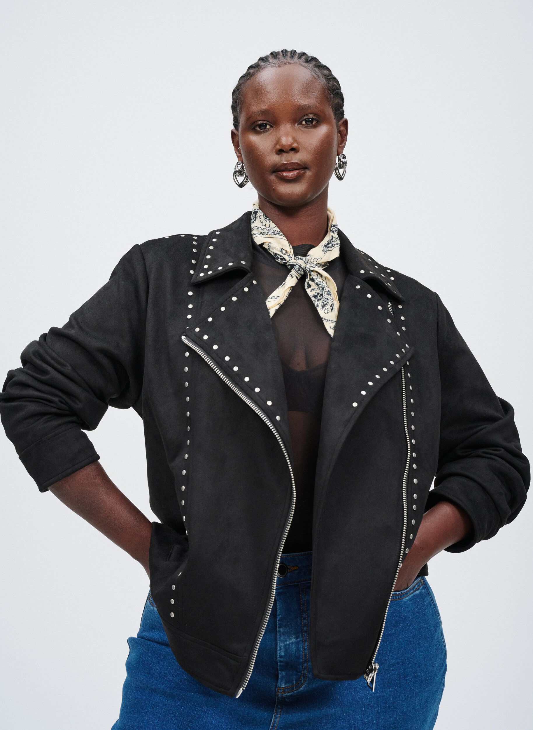 Zizzifashion Faux suede biker jacket with studs, Black, Image image number 0