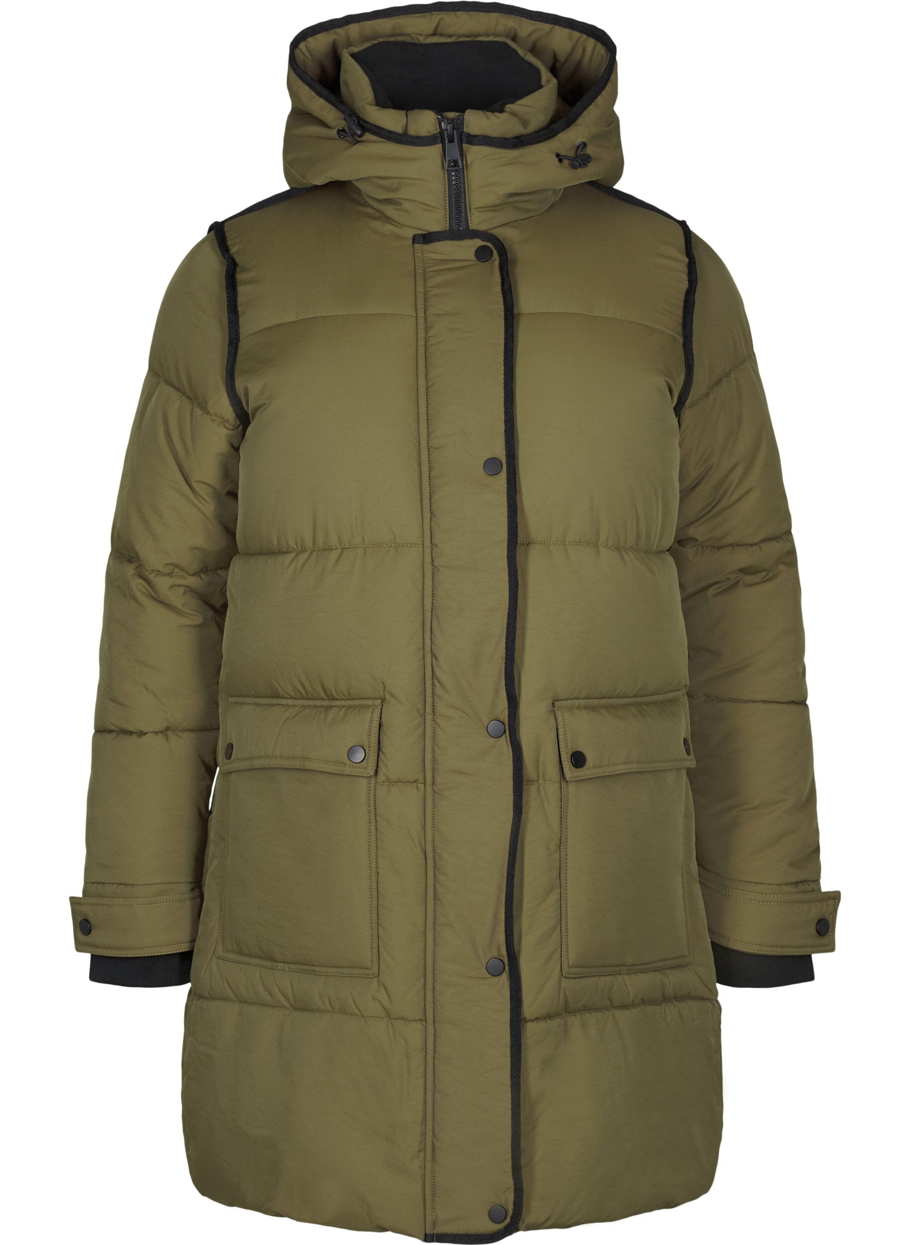 Puffer jacket with hood and contrast detailing