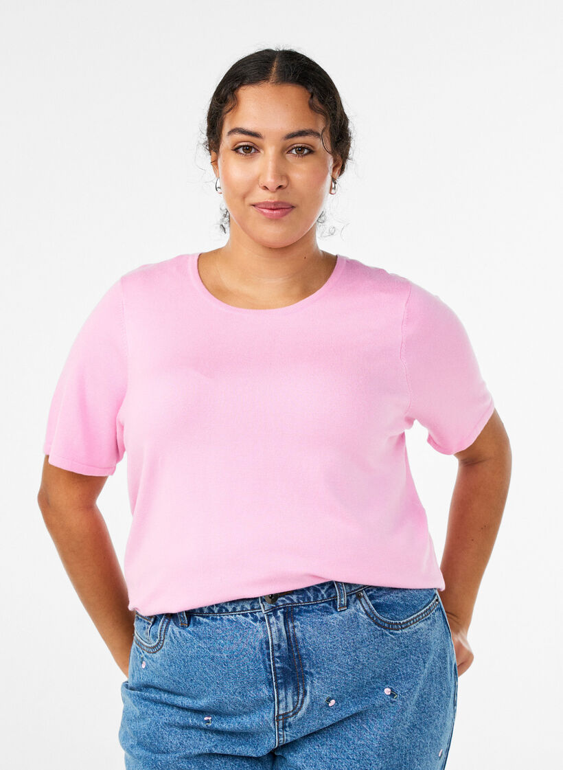 Short-sleeved knit blouse in viscose, Pink, Model image number 0